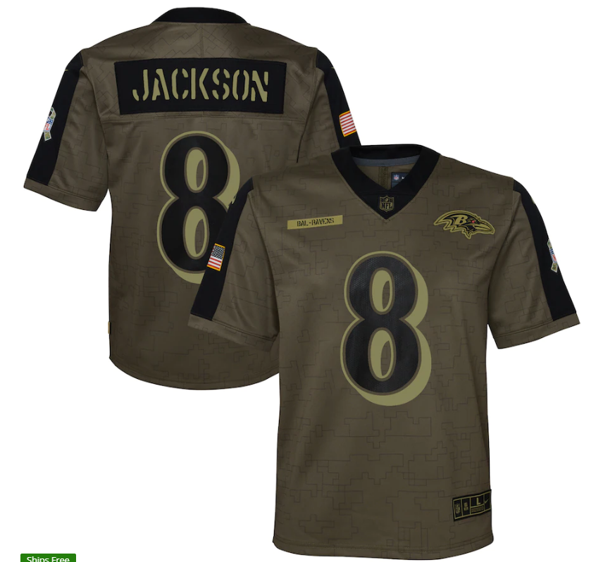 Youth Olive Baltimore Ravens #8 Lamar Jackson 2021 Salute To Service Limited Stitched Jersey
